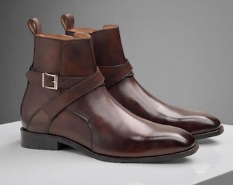 Handmade Brown Leather Jodhpur Boots for Men | Classic Buckle Strap Dress Boots