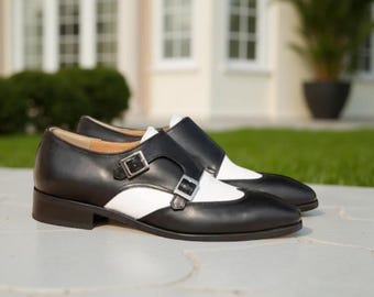 Zapatos de vestir con doble hebilla en blanco y negro / Zapatos formales de cuero hechos a mano para hombre