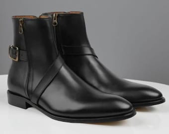 Handgefertigte Schwarze Leder Reißverschluss Stiefeletten für Männer | Stylische Schnallen Frackstiefel