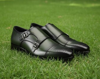 Handmade Men’s Green Leather Double Monk Strap Shoes – Formal Dress Shoes