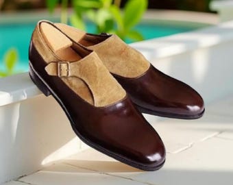 Handmade Brown Leather Monk Strap Shoes | Suede & Leather