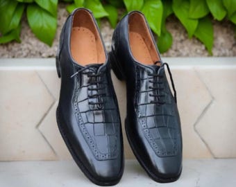 Men's Black Leather Oxford Shoes | Crocodile Embossed, Handmade