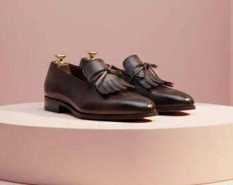 Handmade Black Leather Tassel Loafers for Men | Classic Formal Dress Shoes