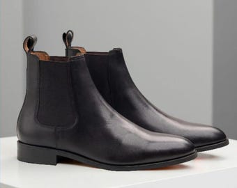 Botines Chelsea de piel negra hechos a mano para hombre / Botines clásicos de vestir hasta el tobillo