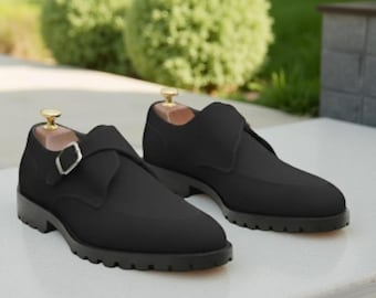 Handmade Black Leather Monk Strap Shoes | Single Buckle Dress Shoes