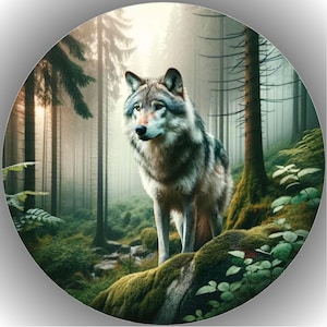 Könnte beinhalten: Rundes Bild eines grauen und braunen Wolfs in einem nebligen Wald. Der Wolf steht auf einem moosbewachsenen Felsen, mit hohen Bäumen und sanftem Sonnenlicht im Hintergrund. Die Szene erzeugt ein Gefühl von Wildnis und natürlicher Schönheit.
