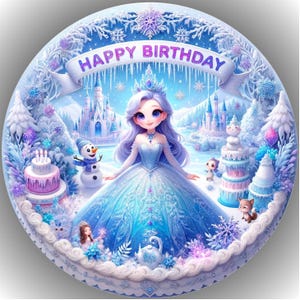 Könnte beinhalten: Ein runder Kuchen mit Winterwunderland-Thema. Er zeigt eine Prinzessin in einem blauen Kleid, einen Schneemann und die Aufschrift "HAPPY BIRTHDAY" auf einem Banner. Der Kuchen ist mit Schneeflocken und einem Schloss verziert.