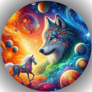 Könnte beinhalten: Ein lebendiger, kreisförmiger Digitaldruck mit einem Wolf und einem Pferd in einer kosmischen Szene. Der Wolf hat detaillierte, farbenfrohe Muster auf seinem Gesicht. Das Pferd ist ähnlich geschmückt, vor dem Hintergrund von Planeten und wirbelnden Nebeln.
