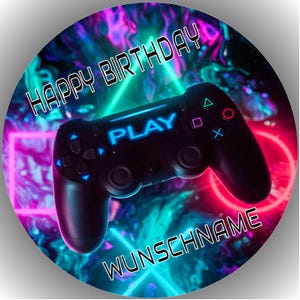Könnte beinhalten: Rundes Design mit einem schwarzen Gamecontroller, dem Wort "PLAY" in Blau und den Texten "HAPPY BIRTHDAY" und "WUNSCHNAME" in Weiß. Der Hintergrund zeigt ein Neon-Design mit rosa, blauen und grünen Farben.