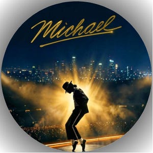Könnte beinhalten: Eine kreisförmige Grafik mit der Silhouette eines Künstlers in Fedora und Anzug, der auf einer Bühne tanzt. Helles goldenes Licht strahlt hinter der Figur vor einer dunklen Skyline hervor. Das Wort Michael steht in goldener Schrift oben.