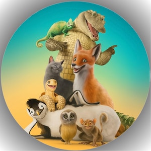Könnte beinhalten: Eine farbenfrohe Illustration einer Gruppe von Zeichentricktieren, darunter ein Krokodil, ein Fuchs, eine Katze, eine Schildkröte, ein Pinguin, eine Eule und ein Affe. Die Tiere sind vor einem gelb-blauen Farbverlaufshintergrund platziert, was eine skurrile und verspielte Szene erzeugt.