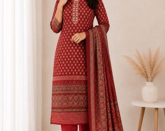 Frauen Baumwollanzug Set | 3-teilige Kurta Hose Dupatta | Bequeme ethnische Abnutzung