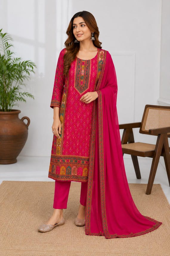 Silk 3 Piece Suit Set for Women | Kurta Palazzo Dupatta Set | Indian Ethnic Wear