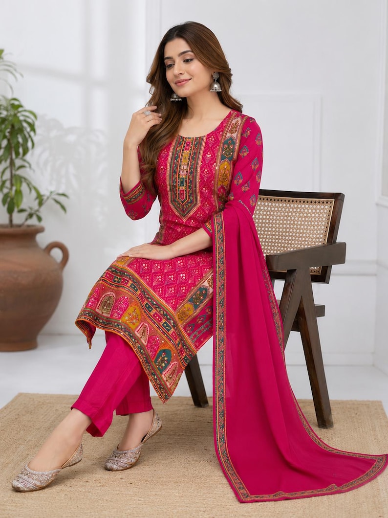 May include: A vibrant fuchsia three-piece ensemble featuring a long-sleeved tunic with a round neckline, intricate multi-colored geometric and floral patterns, matching solid fuchsia trousers, and a coordinating fuchsia dupatta with a decorative border.
