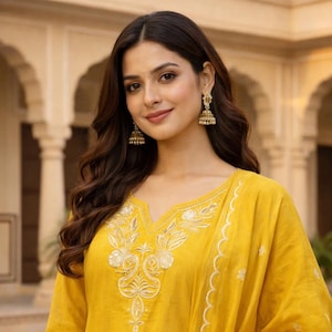 May include: A woman wearing a yellow embroidered tunic and matching scarf. The tunic features intricate white floral embroidery around the neckline. She is also wearing gold earrings. The background shows an architectural structure.