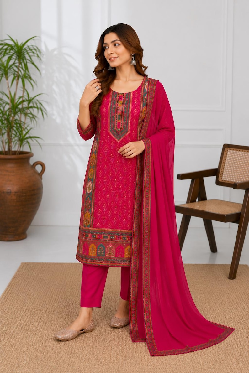May include: A vibrant fuchsia three-piece ensemble consisting of a knee-length tunic with intricate geometric patterns, matching straight-leg trousers, and a long, solid-colored sheer dupatta featuring a decorative border along the edges.