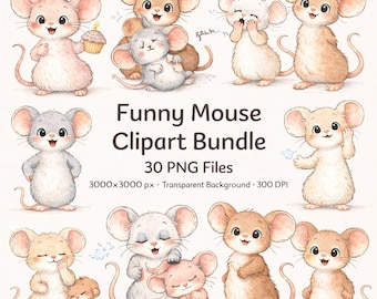 Watercolor Mouse Clipart – 30 Storybook PNG Illustrations (Digital Download)