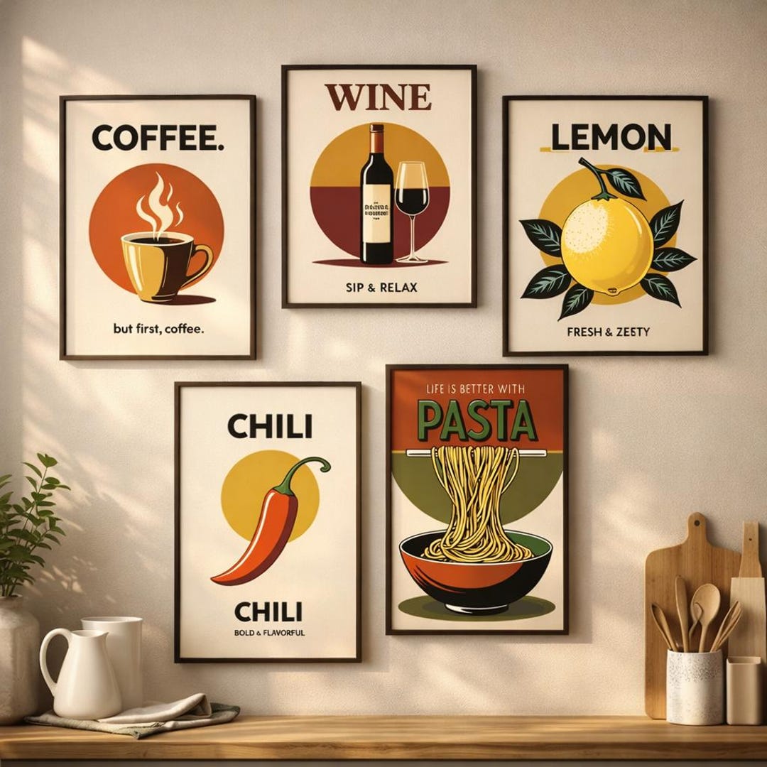 100+ kitchen art prints bundle, food & drink wall... Retro Kitchen Art Prints, Coffee Wine Lemon Pasta Chili, Mid-century ...