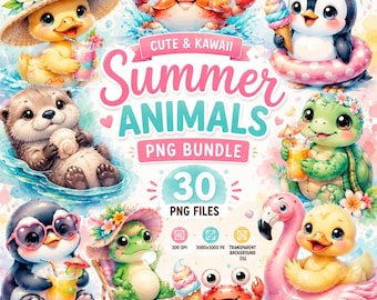 Kawaii Summer Animals PNG Bundle – Pastel Watercolor Tropical Clipart (Digital Download)