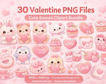 Kawaii Valentine Clipart Bundle, Animal PNG Graphics (Digital Download