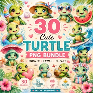 May include: A digital PNG bundle showcasing 30 adorable cartoon turtles in summer settings. The turtles are illustrated with accessories such as sunglasses and hats. The image includes the text "30 Cute Turtle PNG Bundle".