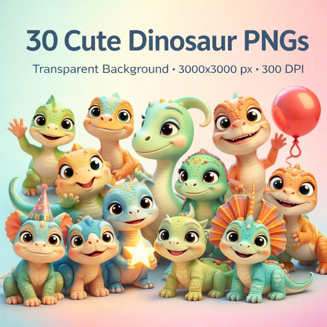 Baby Dinosaur Clipart PNG Bundle, Kawaii Dino Graphics (instant ...