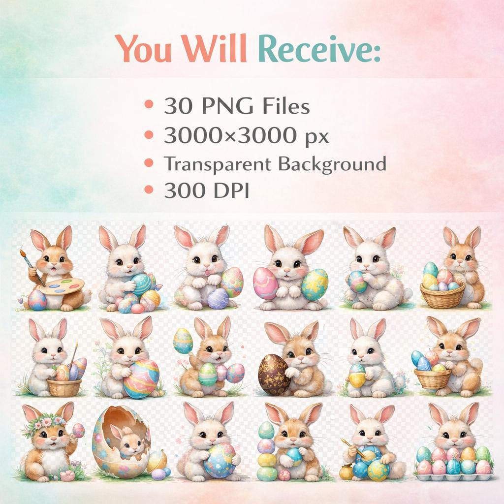 Watercolor Easter Bunny Clipart Bundle, Spring PNG Illustrations ...