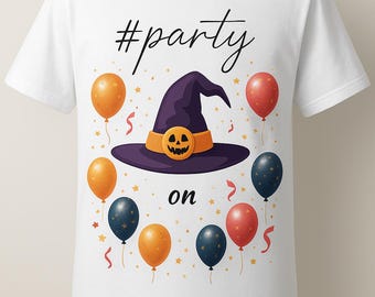 May include: White t-shirt with a Halloween design. It displays a purple witch's hat with an orange buckle and a jack-o'-lantern face, encircled by orange, red, and navy balloons. The text "#party on" is above and below the hat.