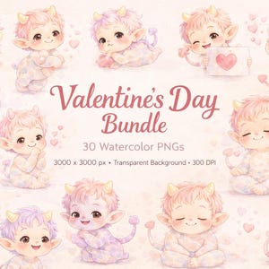 Puede incluir: Ilustraciones en acuarela de adorables criaturas con cuernos en varias poses, con tonos de piel rosa y morado. La imagen incluye el texto "Valentine's Day Bundle" y detalles sobre los archivos PNG, perfectas para proyectos de arte digital.