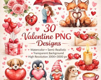 May include: A watercolor design featuring Valentine's Day themed illustrations. The image includes roses, hearts, foxes, a couple under an umbrella, and various other romantic elements. Text reads "30 Valentine PNG Designs."