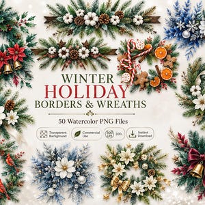Può includere: Una collezione di bordi e ghirlande natalizie invernali ad acquerello con rami di pino, stelle di Natale, pigne, nastri, campanelle, biscotti di pan di zenzero e fette di arancia essiccata. Il testo recita WINTER HOLIDAY BORDERS & WREATHS.