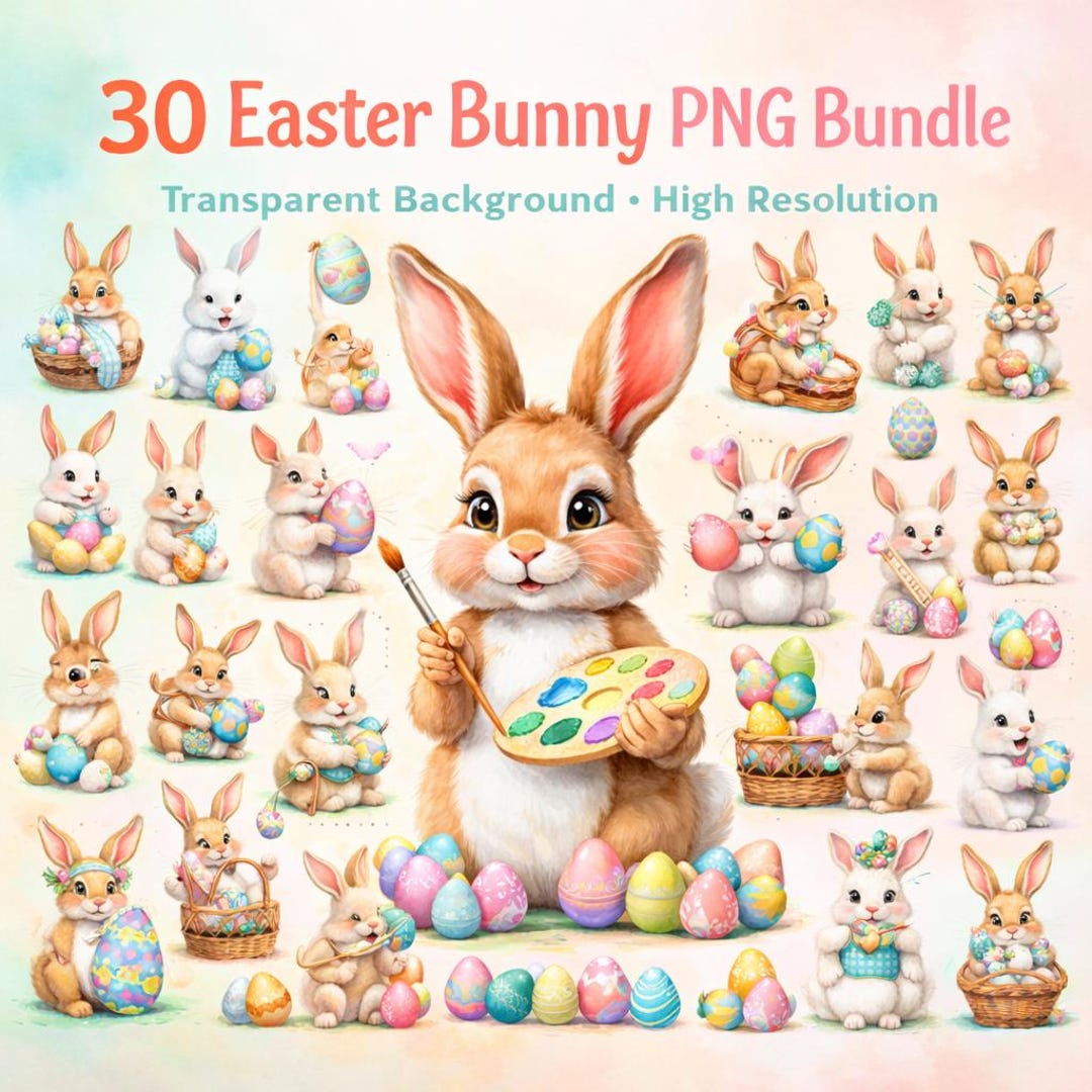 Watercolor Easter Bunny Clipart Bundle, Spring PNG Illustrations ...