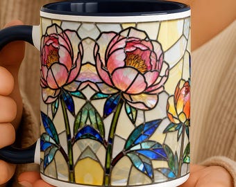 Stained Glass Peony Mug, Art Deco Floral Coffee Cup