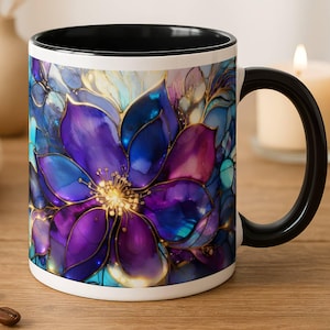 Gebrandschilderd glas bloemen blauw paarse mok | Botanische juweeltinten alcoholinkt