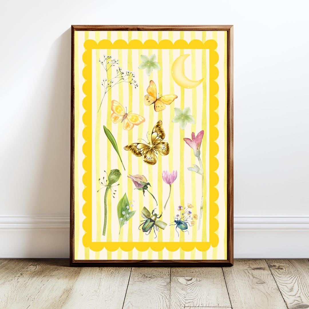 Butterfly Wall Art Botanical Poster Yellow Garden Print Meadow Decor - Etsy