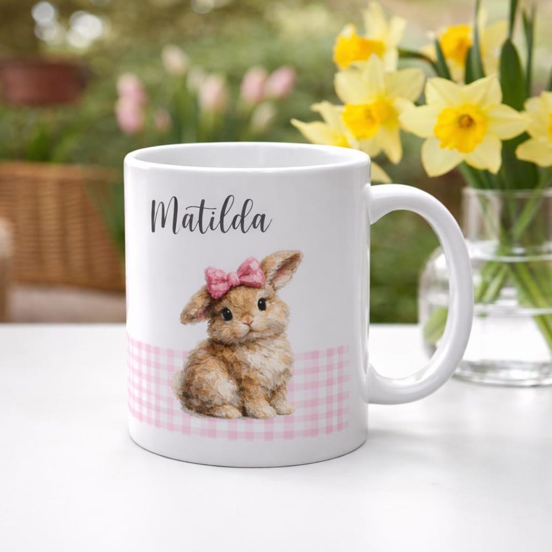 Pink Rabbit Cup Personalised Bunny Mug, Pink Gingham Rabbit Cup, Custom Name Easter ...
