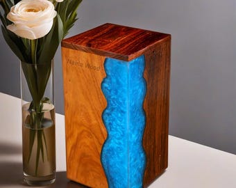 Personalized Rosewood Urn with Blue Resin – Handmade Cremation Urn for Ashes