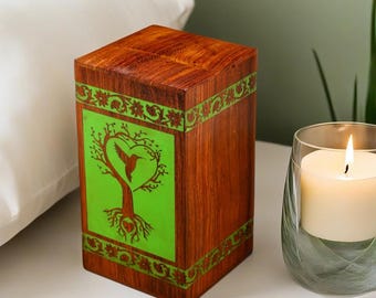 Handmade Wooden Urn Box with  Engraved Green Resin Memorial Keepsake