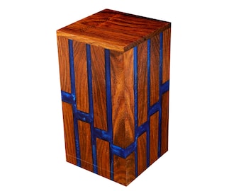 Handmade Wooden Urn with Blue Resin Lines - Rosewood Memorial Box, Keepsake Urn & Home Decor