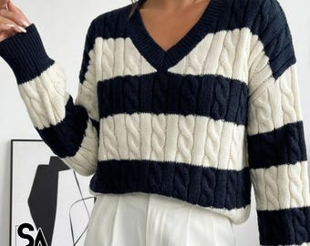 Striped Pullover Sweaters | V Neck Long Sleeve | Winter Streetwear Fashion