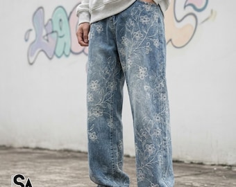 Floral Denim Pants | Printed Straight Leg Jeans | Daily Wear | High Street Style