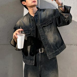 Denim Set Men | Jacket Pants Outfit | Y2K Streetwear Casual Wear

man wearing denim jacket and wide leg jeans styled together for streetwear outfit set