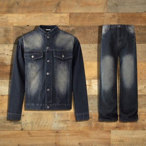 Denim Set Men | Jacket Pants Outfit | Y2K Streetwear Casual Wear

man wearing denim jacket and wide leg jeans styled together for streetwear outfit set