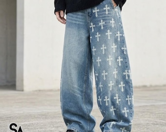Vaqueros vintage con estampado de cruz / Pantalones anchos de pierna lavada / Para uso diario / Estilo urbano