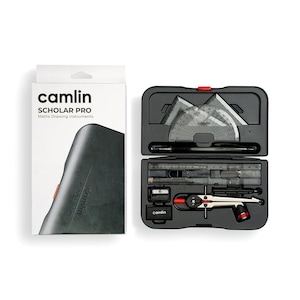 May include: A black Camlin Scholar Pro maths drawing instrument set, open to show a protractor, ruler, compass, and other tools. The box is open next to its white and grey packaging, which has the Camlin logo and product name.