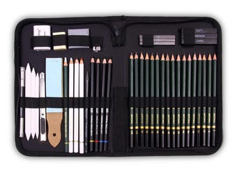 Bleistift Skizzieren Zeichenkasten: 42-teiliges Skizzier Set in Leinentasche