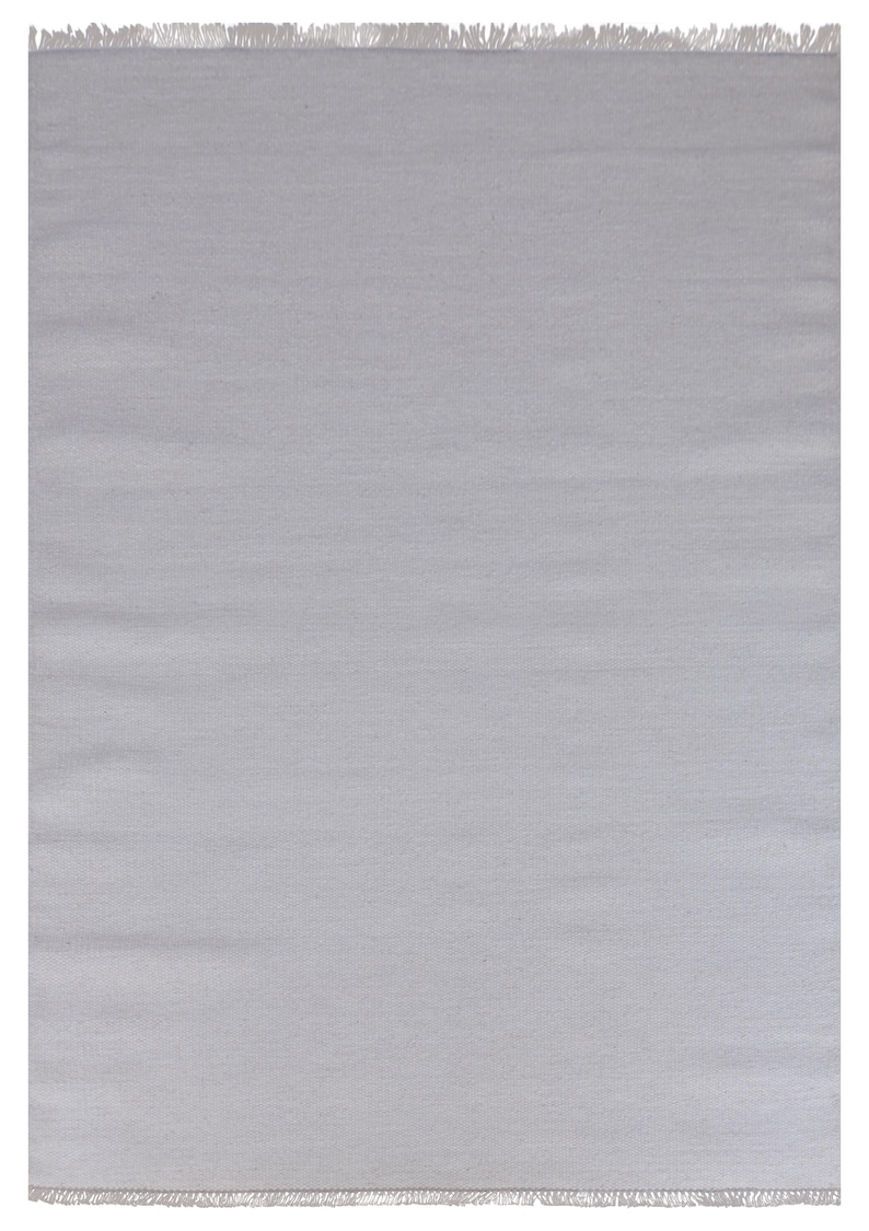May include: A rectangular area rug in a solid light gray color. The rug features a smooth, woven texture across its surface and is finished with short, white fringe detailing along the top and bottom edges, providing a clean and uniform appearance.