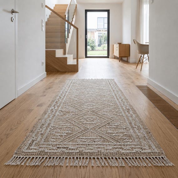 Handgewebter Woll-Jute Läufer 70x200 cm, Graubeiger Flachgewebe Teppich, Skandinavischer Boho Flurläufer, Handgefertigter Kelim