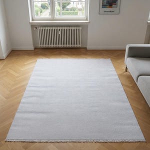 May include: A rectangular light gray area rug with a flat-woven texture and short fringe detailing along the top and bottom edges. The rug is positioned centrally on a light brown wooden floor with a herringbone pattern, featuring a solid color.