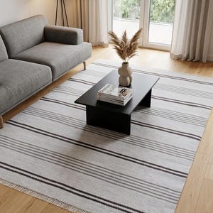 May include: A rectangular area rug featuring a light gray base with horizontal stripes in varying shades of dark gray and black. The rug has a textured weave and short fringe detailing along the two shorter edges, providing a clean, linear aesthetic.